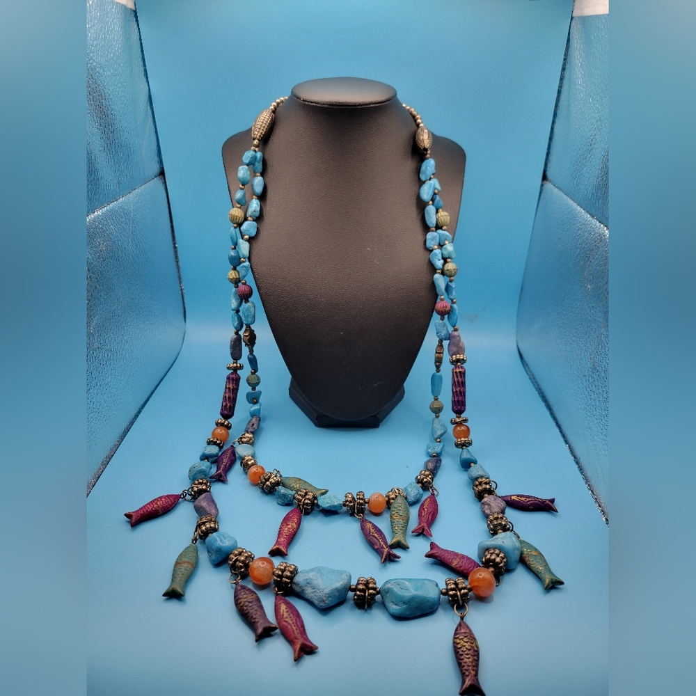 Vintage India Colorful Beaded Dangle Fish Blue Stone Statement Necklace
